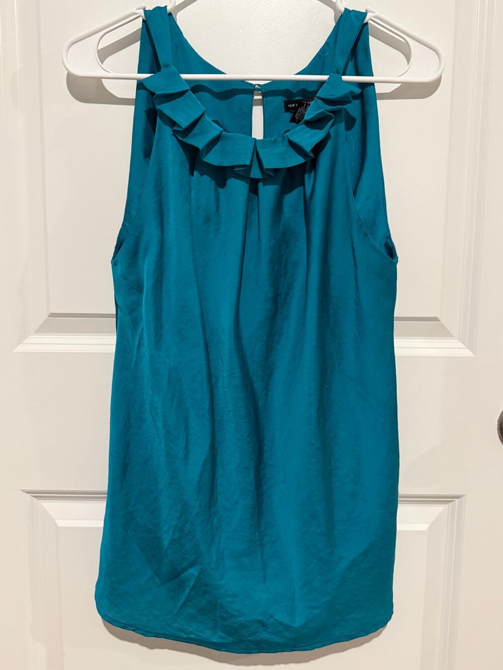 New York & Company Size 6 Teal Ruffle Neck Sleeveless Blouse Top